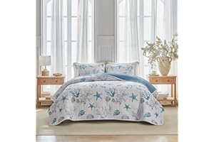 UOZZI BEDDING Kids Coastal Quilt Sets Twin Size - Reversible Microfiber Ocean Style Quilts with 2 Shams Soft Lightweight Beach Bedding Nautical Bedspread Coverlet Summer Comforter for All Season
