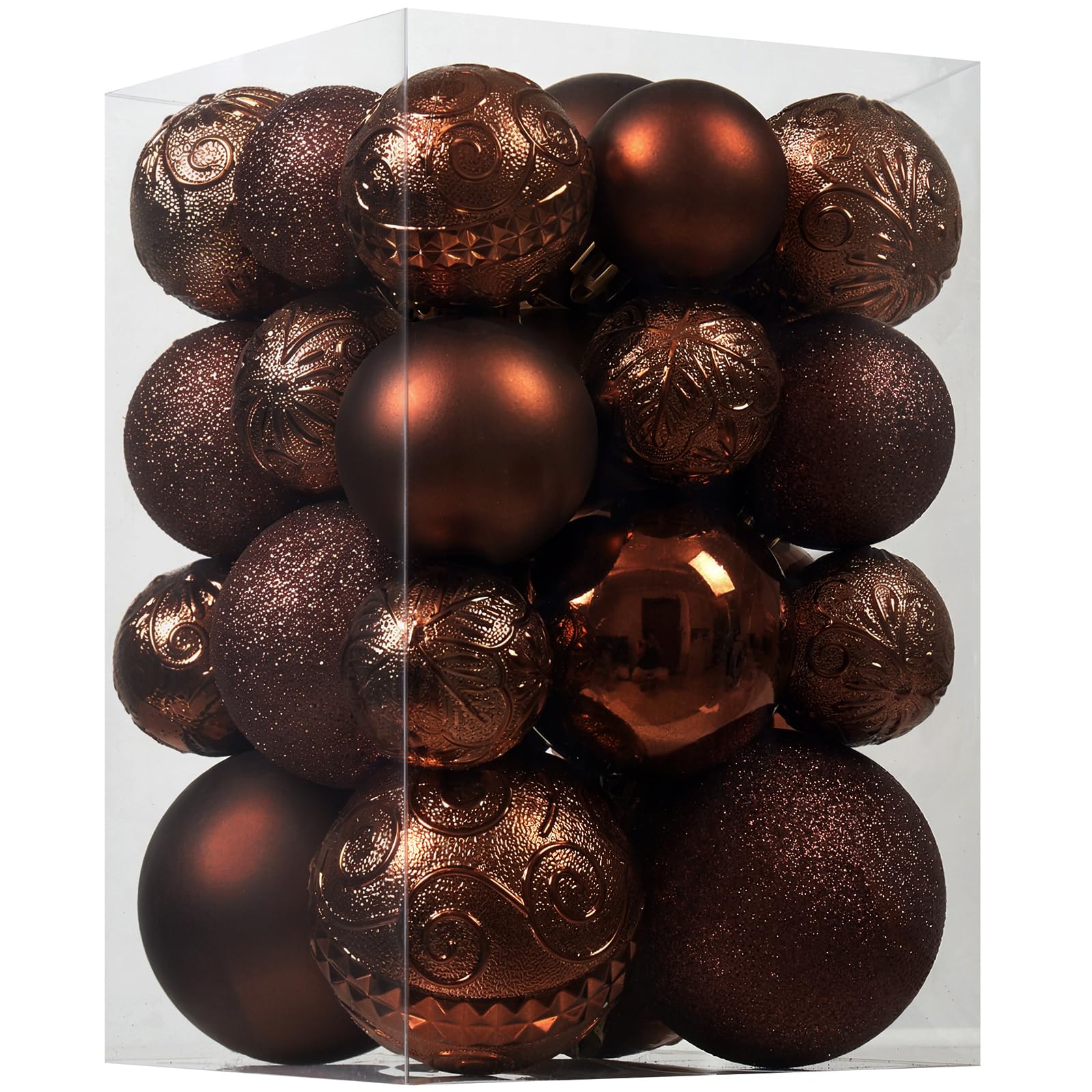 Photo 1 of Christmas Ball Ornaments - 30pcs Shatterproof Christmas Ornaments Set Plastic Hanging Christmas Decorations for Xmas Tree Holiday Party Decor, 6 Styles in 4 Sizes (Brown)