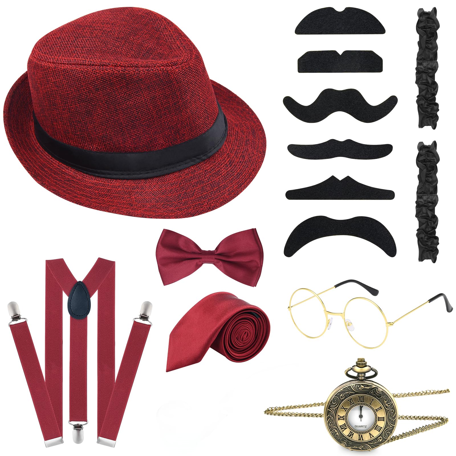 ELECLAND 10 Pieces 1920s Men Costume Accessories Set Roaring Retro Gangster Costume, Hat, Bow Tie, Pocket Watch, Suspender, Glasses, Beard, Armband Garters, Pocket Watch