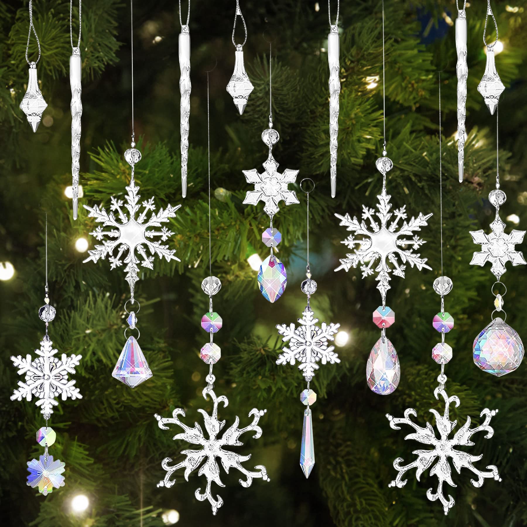 YeahBoom Pack of 16 Acrylic Icicle Snowflake Ice Drop Pendants, Christmas Tree Crystal Decorations, Crystal Snowflake for Christmas Tree Party