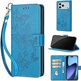 Designed for iPhone 17 Pro Max Case Wallet,Women Flip Folio Cover with Embossed PU Leather Stand Credit Card Holders Slots Wrist Strap Phone Case for iPhone 17 Pro Max (Blue Butterfly)