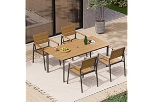Oasbira Outdoor Dining Set for 4, Patio Table and Chairs Set with Umbrella Hole, 5 Pieces HDPS Outdoor Furniture Sets for Patio, Garden, Backyard (Gray & Teak)