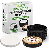NutriChef 10-Piece Nonstick Mini Tart Baking Pans with Non-Stick Coating & Removable Base - Includes 200pcs Parchment Paper, 