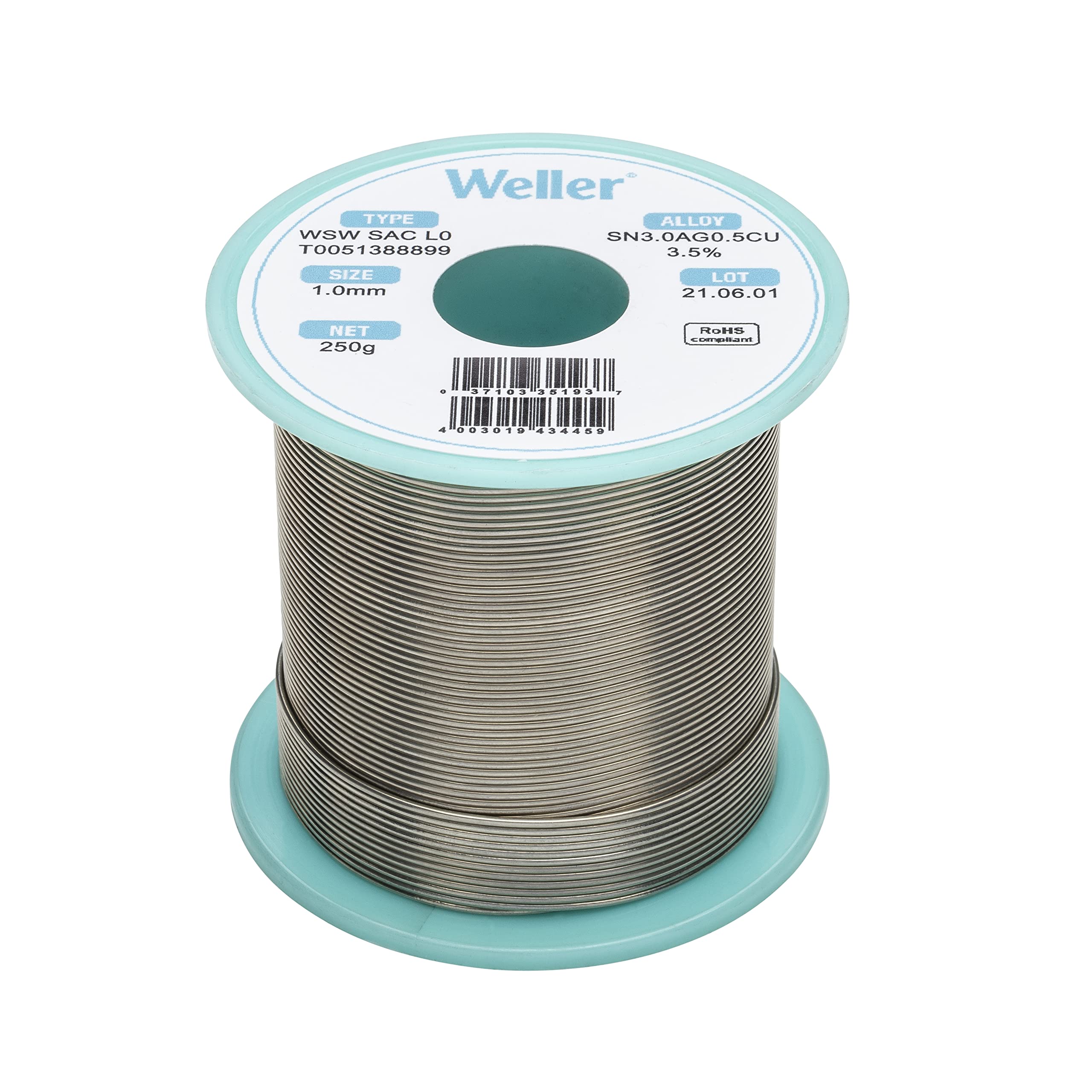 Weller WSW SAC L0 (T0051388899) Lead Free Solder Wire, Ø 1.0mm, Alloy Sn96.5Ag3.0Cu0.5, Flux content 3.5%, 250g