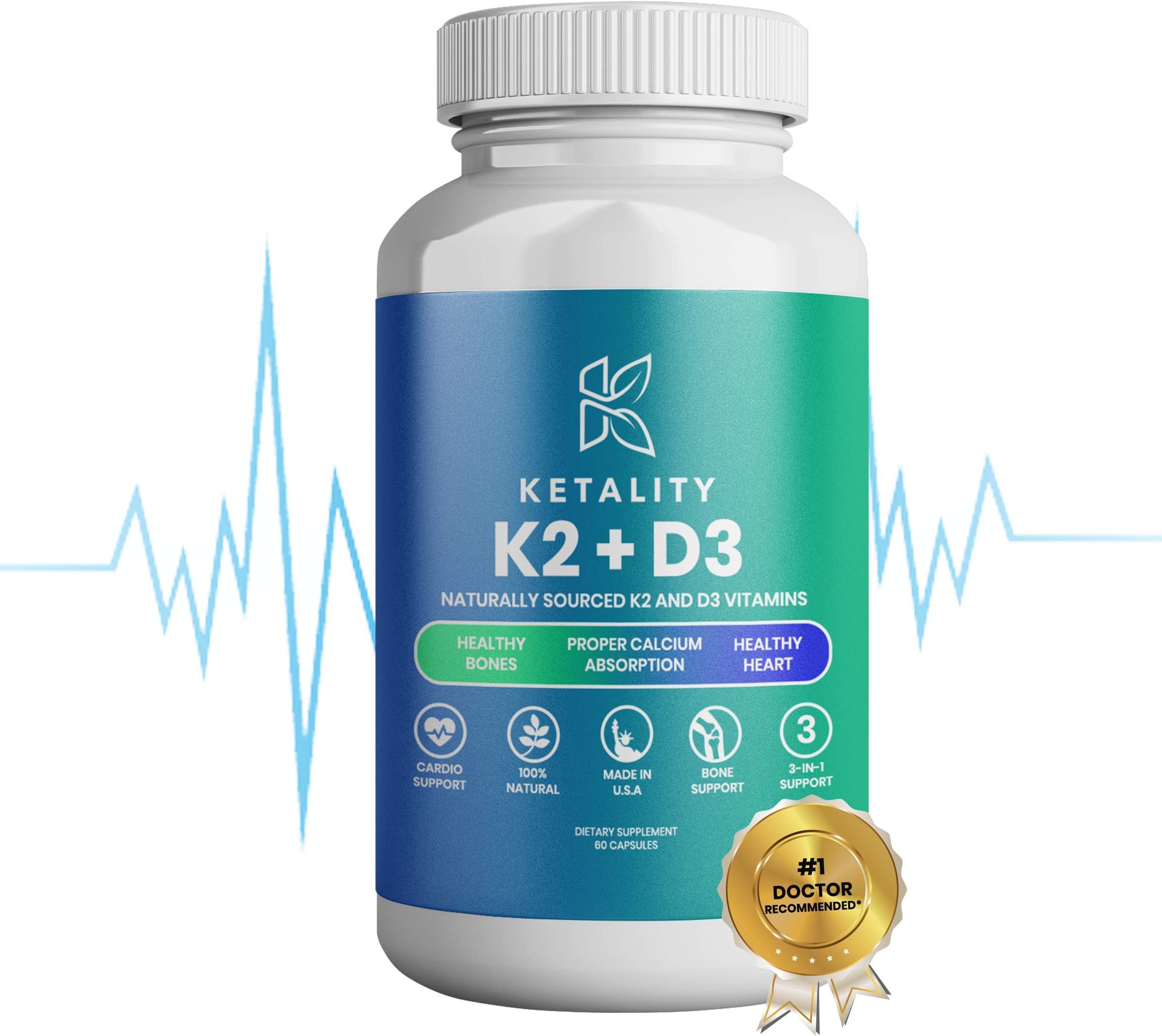 Ketality Vitamins K2 with D3 Dietary Supplement: 100 Mcg of Vitamin K 2 (MK7) and 5000 IU of D 3 with BioPerine Black Pepper Extract, Calcium - Vegan Supplements for Heart, Bone, Immune Support - 60ct