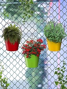 Story@Home Metal Railing Bucket Planter Set, Set of 3 (Red, Green and Yellow)