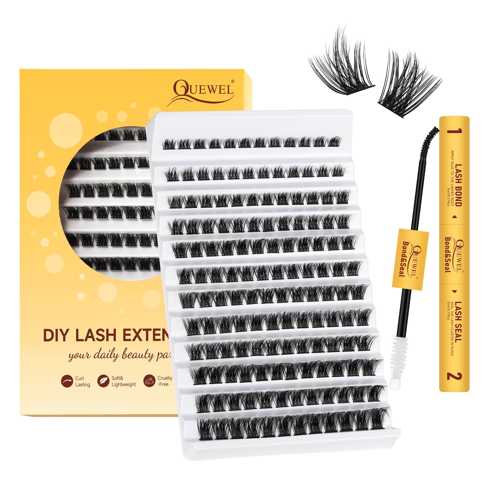 QUEWEL DIY Lash-Extensions Kit MIX10-18mm Lash-Clusters with Bond&Seal Super Hold, Cluster-Lashes and Long Lasting Suitable for Beginners to Complete Cluster Eyelash Extensions at Home(T-F02) — image 1