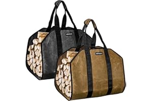 Infinicare Firewood Carrier with Handles - 2pcs Heavy Duty Canvas Firewood Bag with Handles | Durable Wood Carrier for Firewood | Suitable for Indoor Fireplace and Outdoor Camping - Brown & Black