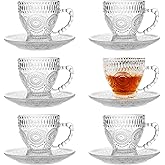 Glass Tea Cups and Saucers Set of 6 - Vintage Coffee Mugs -Teacups Set for Espresso Cappuccino Latte Tea - Dishwasher Microwave Safe (7OZ / 210ML)