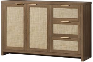 OAKHAM HOME Kitchen Storage Cabinets, Buffet Cabinet with Storage Rattan Sideboard Cabinet Organizer 3 Drawers and 2 Doors Accent Console Table for Kitchen Hallway Living Room bar (Special Walnut)