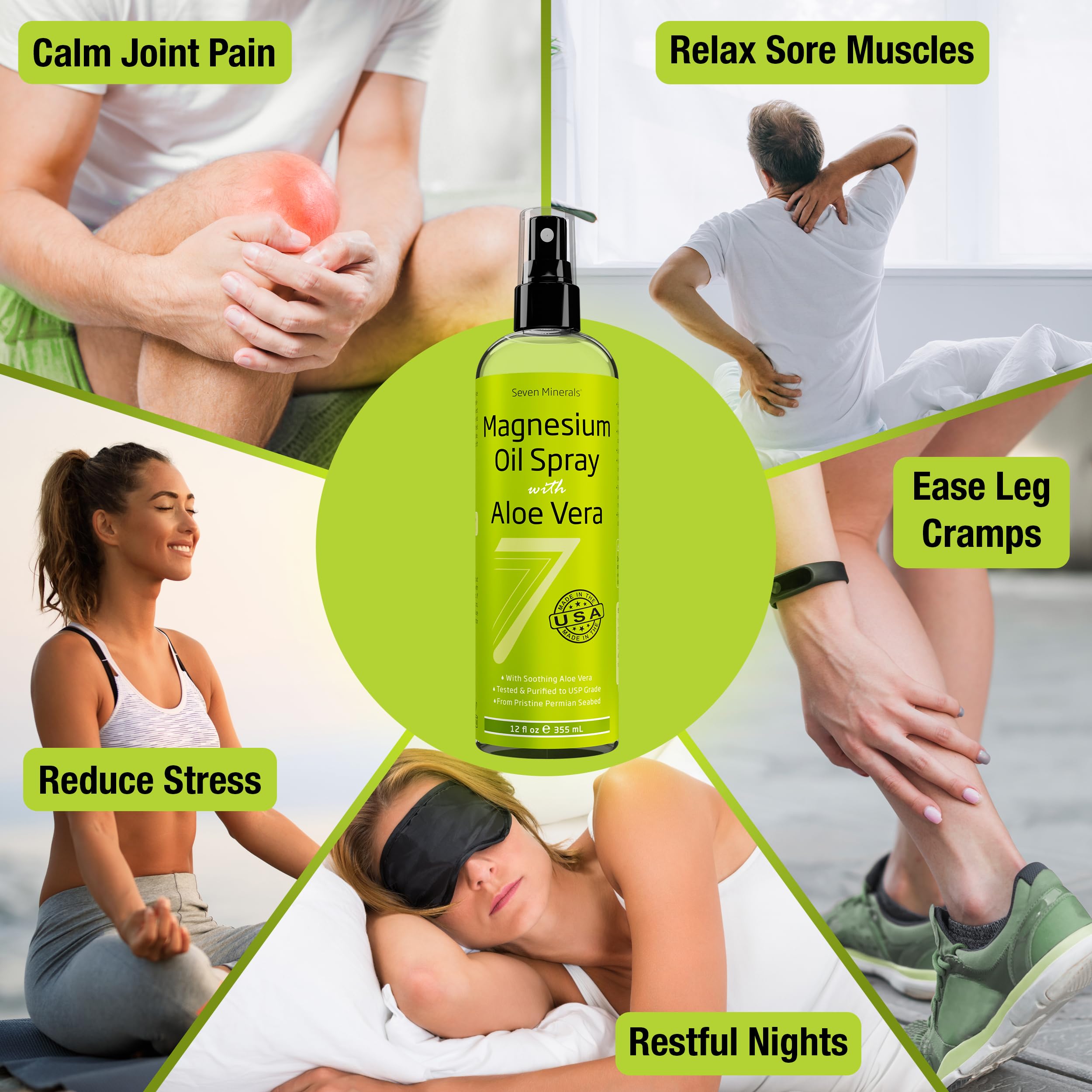 Seven Minerals Pure Magnesium Oil Spray with Aloe Vera 12oz - Pharmaceutical (USP) Grade, Highest Strength with Instant Relief for Feet, Sleep, Muscle Pain & Cramps - Mined in The USA