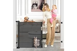 BETERTEK Retractable Baby Gates with Door 55" Wide Retractable Dog Gate with Pet Door Outdoor Retractable Gate for Dogs Mesh Baby Gate Retractable Pet Gate with Cat Door Retractable Child Gates for Doorways