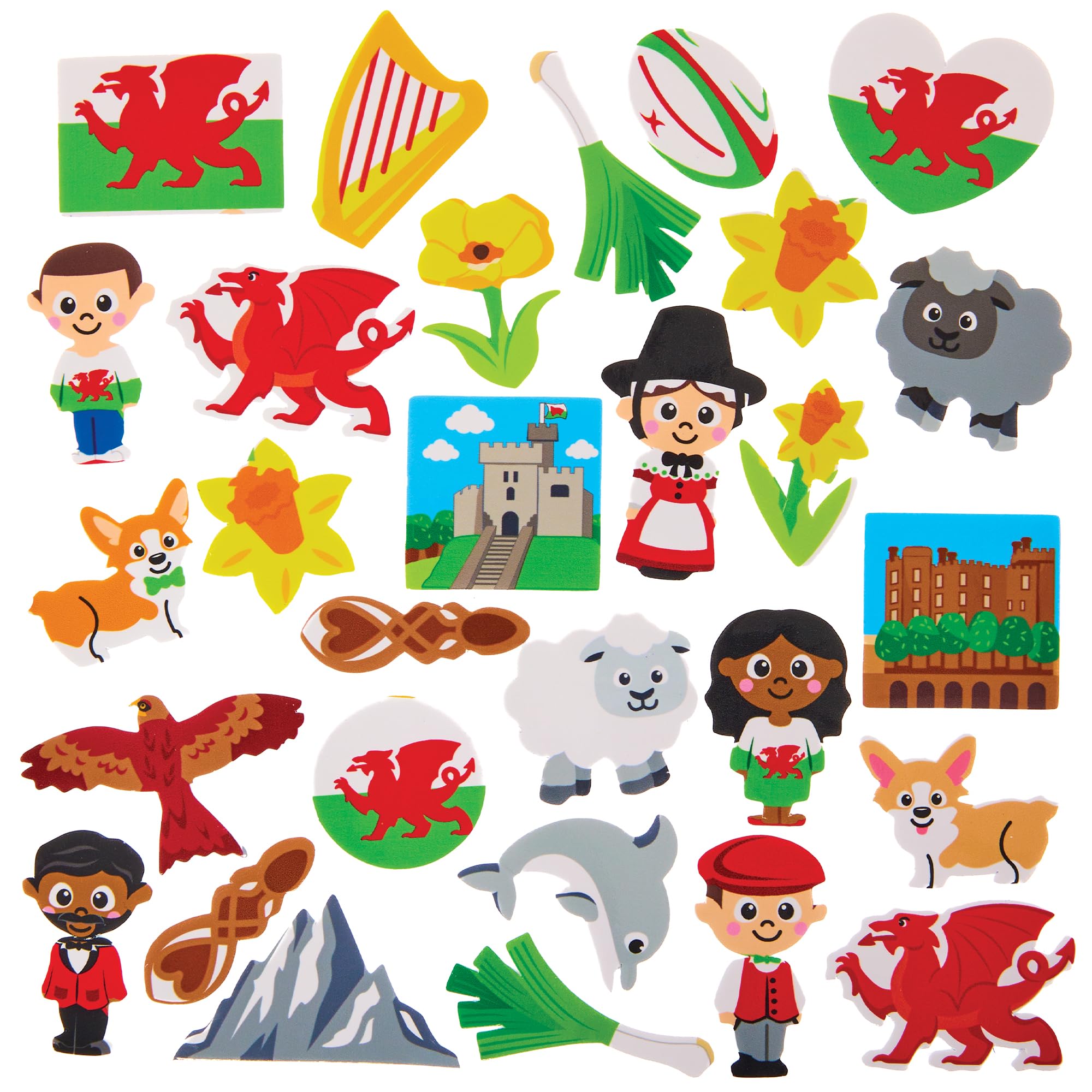 Baker Ross FX988 Wales Foam Stickers - Pack of 150, Welsh Stickers for Kids Crafts and Cards
