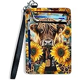 FXIANGWL Slim Front Pocket Wallet for Women, RFID Blocking Credit Card Holder Wallet with Detachable Wrist strap, Thin Card Case ID Window Small Card Holder for Unisex, Sunflower Highland Cow