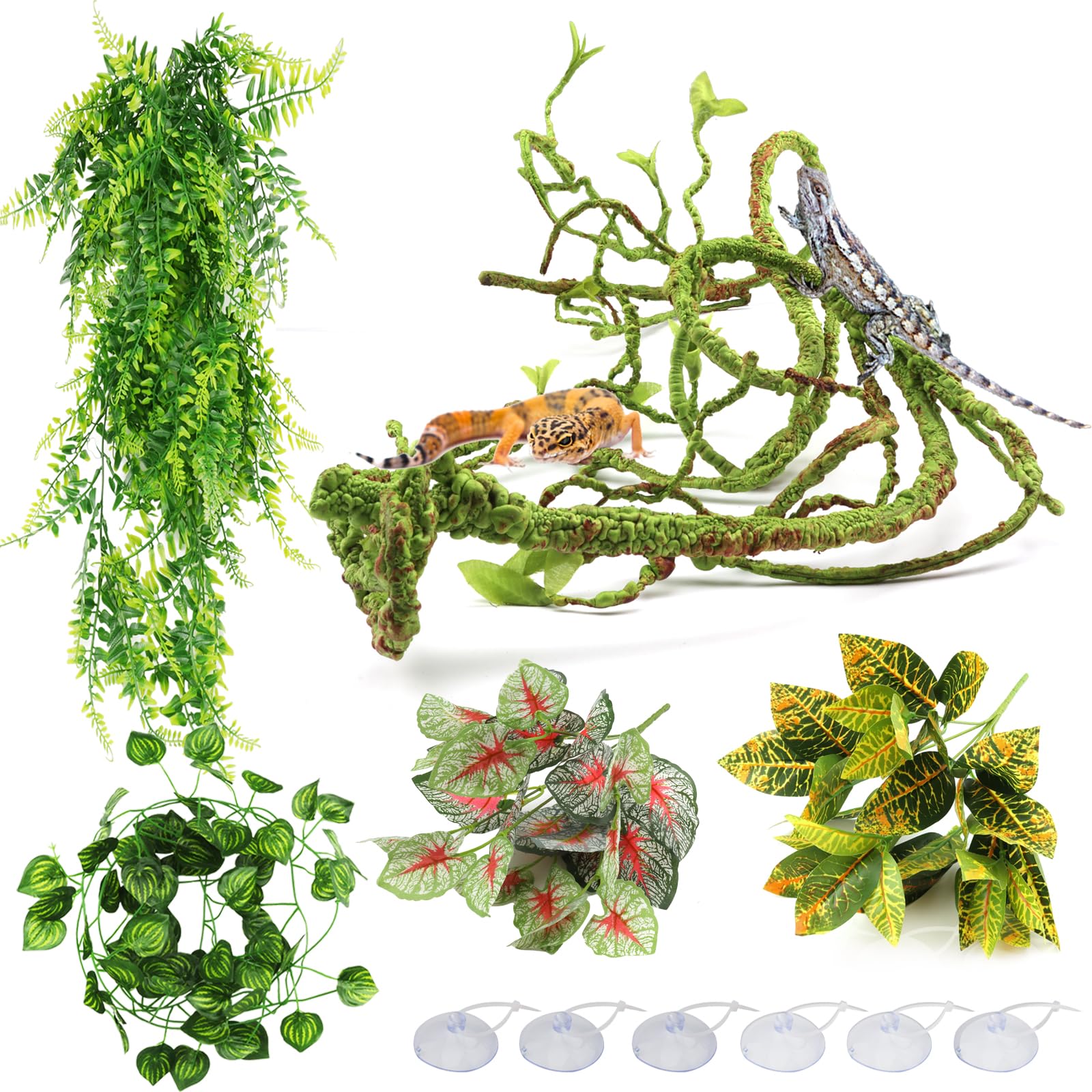 Reptile Plants, QUOZUO Terrarium Hanging Plant Vines Artificial Leaves Reptile Hide, Leopard Gecko Tank Accessories, Terrarium Decorations for Bearded Dragon Lizard Snake Chameleon