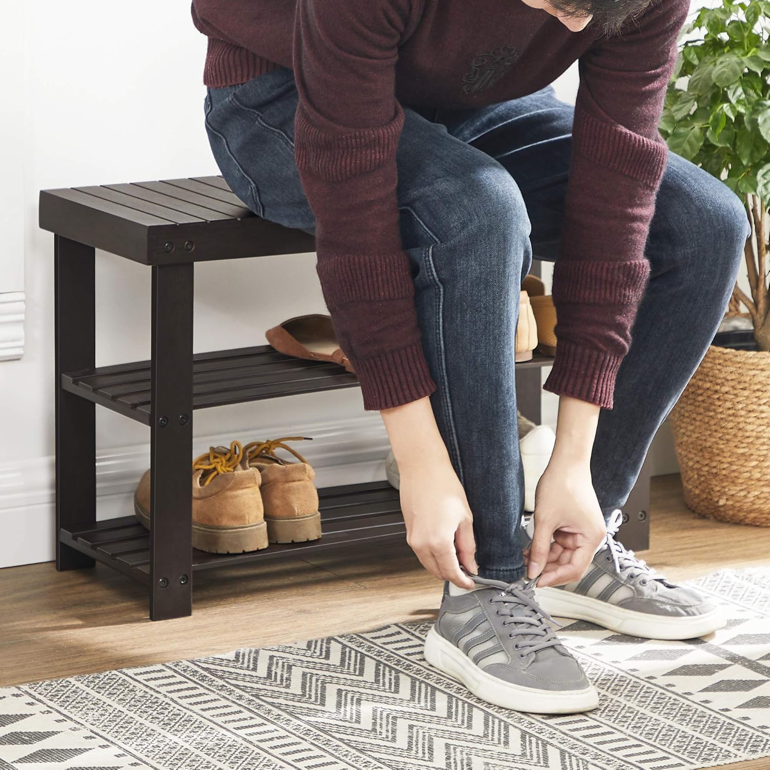 SONGMICS 3-Tier Bamboo Shoe Rack Bench, Shoe Organizer Shelf, Holds Up to 264 lb, Brown: Furniture & Decor