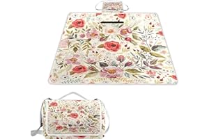 MNSRUU Picnic Blanket Waterproof Foldable, Vintage Flower Floral Large Outdoor Picnic Blanket Beach Blankets Camping Blanket Travel Mat, Shoulder Strap Tote, Rectangle 57x59in
