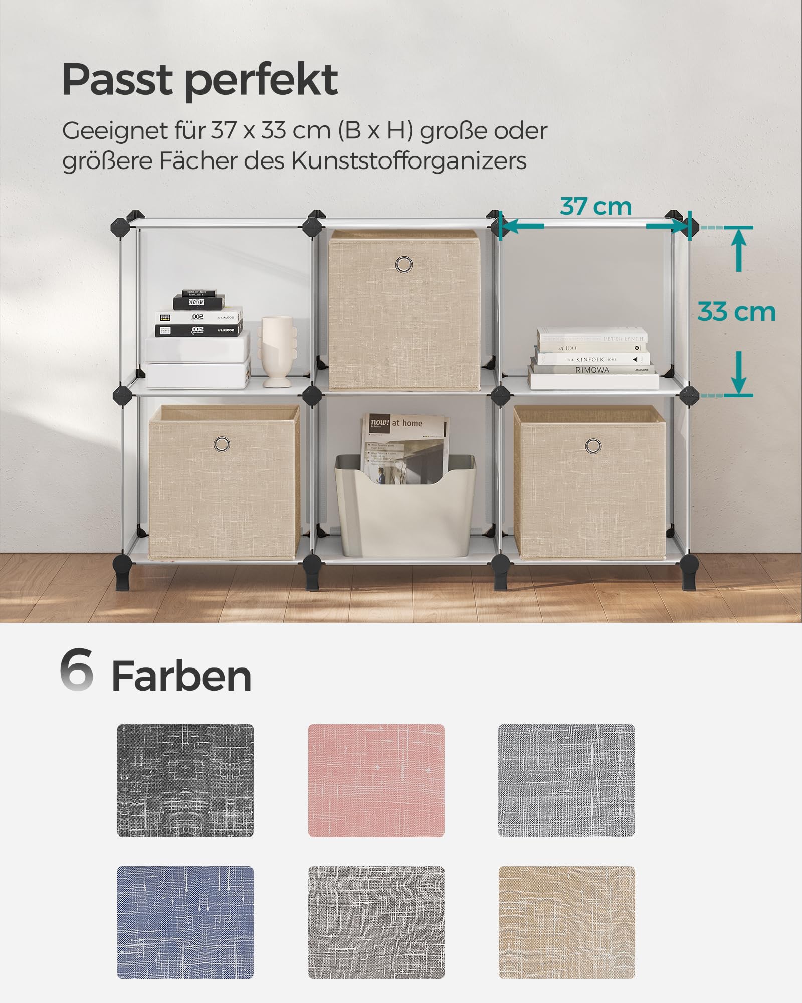 SONGMICS Aufbewahrungsbox, 6er Set, Ordnungsboxen aus Vliesstoff mit Griff, Boxen Aufbewahrung, 30 x 30 x 30 cm, Organizer Box, für Würfelregal, Faltbox, Kleideraufbewahrung, sandbeige RFB006K03 8