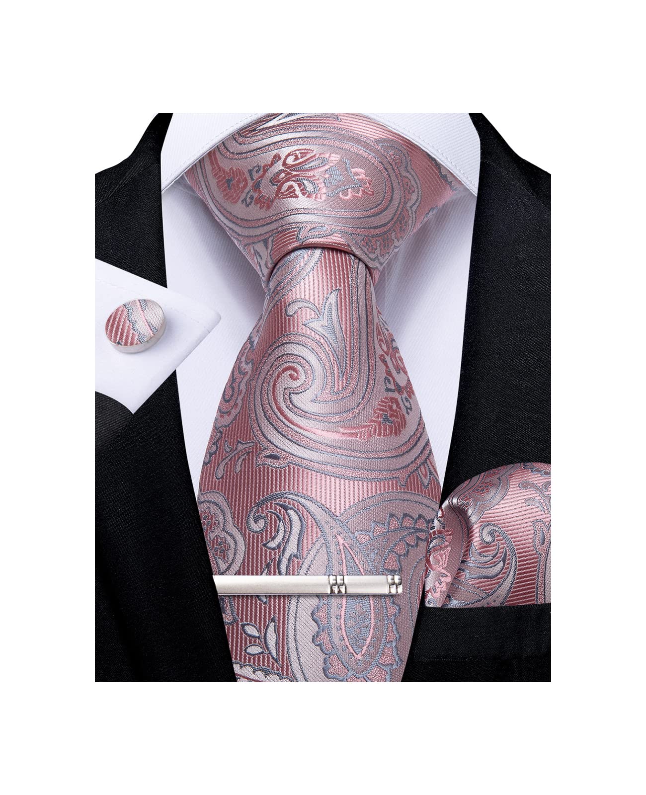 DiBanGu Mens Tie Set Silk Pink Paisley Necktie and Pocket Square Cufflinks Tie Clip Set Classic Formal Ties for Wedding Party