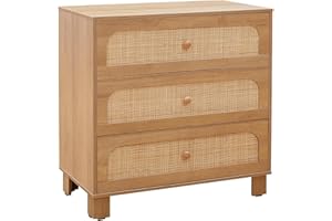 3 Drawer Dresser with Rattan Fronts Wooden Storage Cabinet with Smooth Metal Slides & Stable Base Compact 27.6” Chest Bedroom