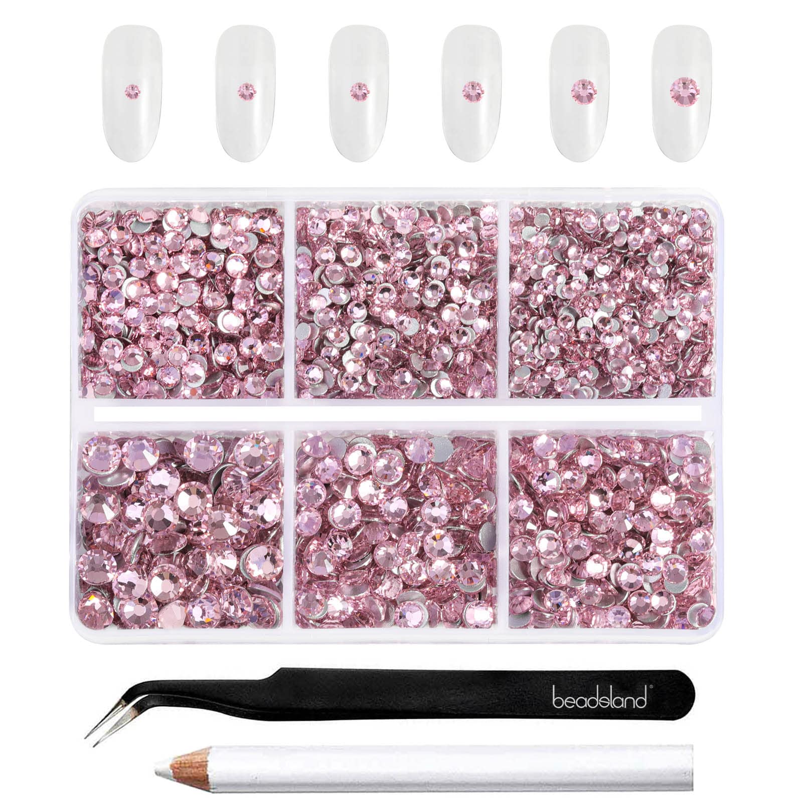 Beadsland 4300pcs Flatback Rhinestones,Pink Rhinestones Nail Gems Round Crystal for Crafts,Mixed 6 Sizes with Picking Tweezers and Wax Pencil Kit, SS6-SS20,Light Rose/Light Pink