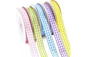 5 Rolls Easter Gingham Ribbon 3/8 Inch 50 Yards, Pastel Buffalo Plaid Ribbons Spring Polyester Easter Basket Ribbon Thin for 