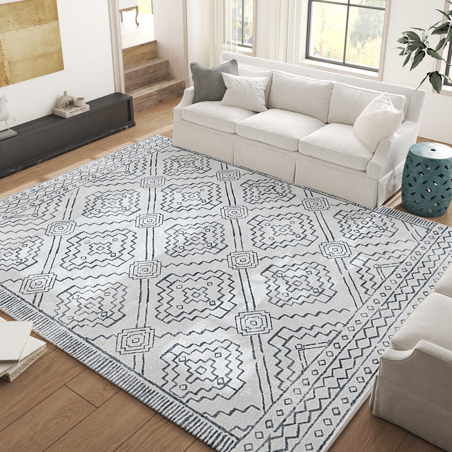 Photo 1 of jinchan Moroccan 6x9 Area Rugs for Living Room - Machine Washable Soft Modern Geometric Stain Resistant Ultra-Thin Low-Pile Large Rug Non-Slip Carpet for Bedroom Kitchen Dining Room (6x9ft,Grey)