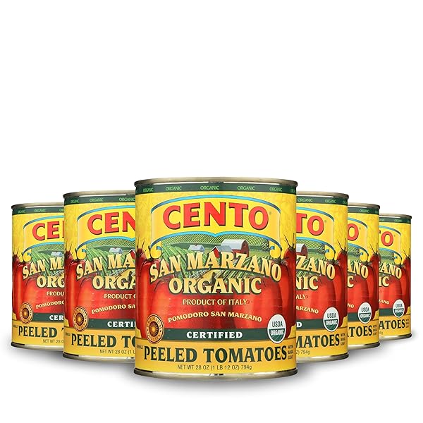 CENTO ORGANIC CERTIFIED SAN MARZANO WHOLE PEELED TOMATOES, 28 OZ CANNED PLUM TOMATOES IN THICK PUREE WITH BASIL, GROWN AND PROCESSED IN ITALY