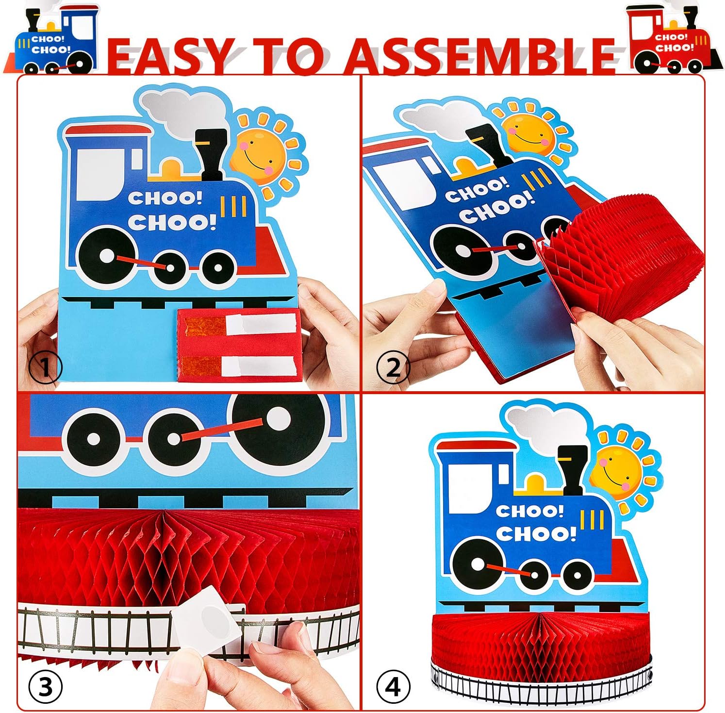 Patelai Train Birthday Party Decorations Set, Honeycomb Centerpiece, Happy Birthday Banner, 6 Hanging Swirls, Multicolor, Cartoon - Image 4