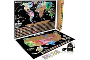 Landmass - Scratch Off World Map Poster + Bonus USA Scratch Off Map - Detailed Cartography - Travel Tracker Maps with Flags - Wall Art - Unique Gift - Gift For Travelers - 24 x 17 inches