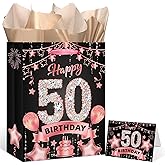 Rumia Rose Gold 50th Birthday Gift Bag with Happy 50th Birthday Greeting Card and Tissue Paper for Women Rose Gold Christmas 50th Bday Gift Wrap Bag for 50 Years Old Party Decorations Supplies