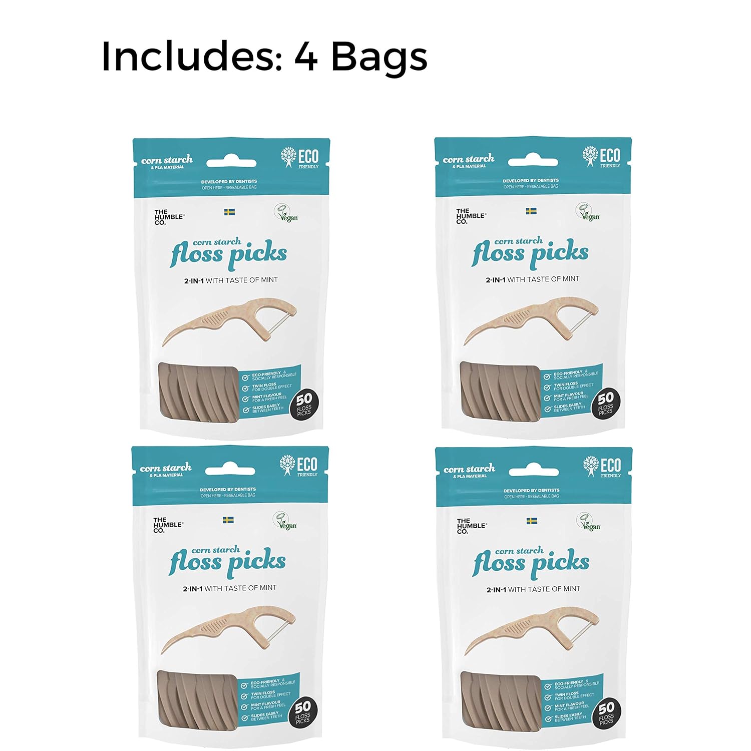 The Humble Co. Natural Dental Floss Picks (200 count) - Vegan, Eco Friendly, Sustainable Flossers for Zero Waste Oral Care - Helps Remove Plaque and Gives a Fresh Feel (Fresh Mint/Double Thread) : Beauty