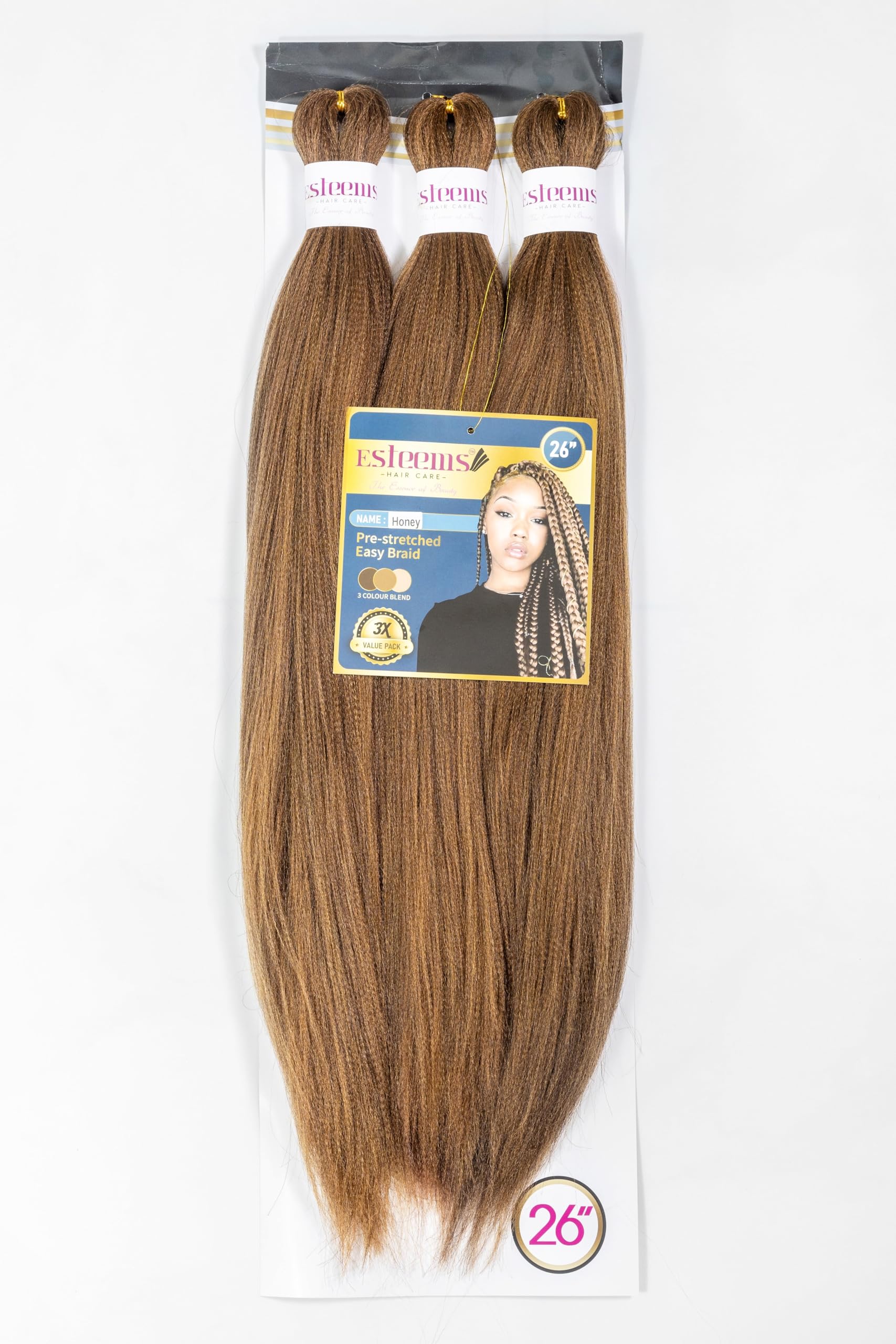 Esteems Hair Care- Pre-Stretched Braiding Hair-Long 3 Colour Blend Hair(P4/27/30) 26", Synthetic Fiber Hair- Soft Yaki Texture(Honey-Yaki) 270g