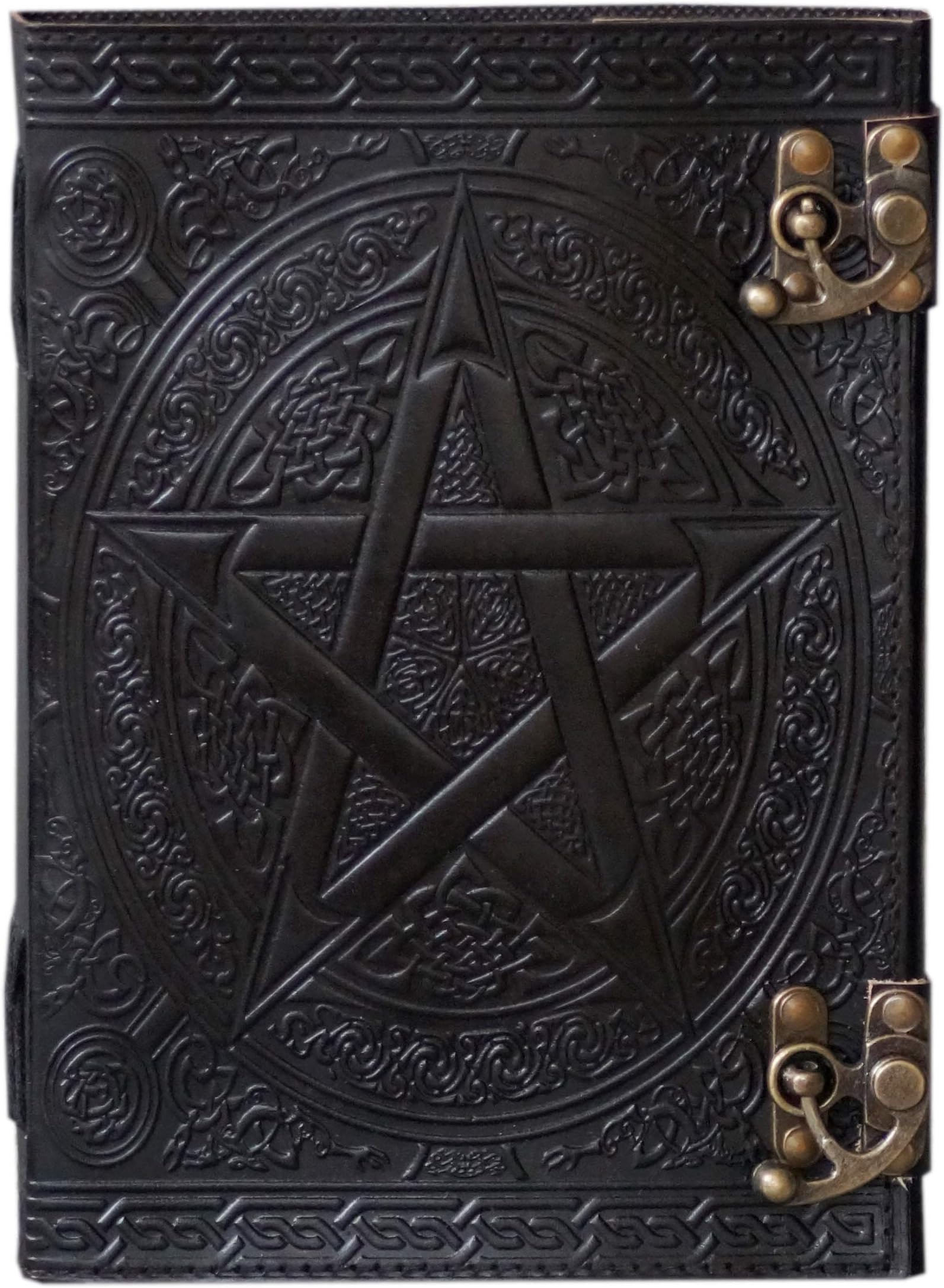 Large Handmade Pentacle Blank Leather Book of Shadows Wiccan Journal Pentagram Embossed Witchcraft Parchment Unlined Paper Antique grimoire Pagan Daily Journal with Lock Notebook 10x13 inches (Black)