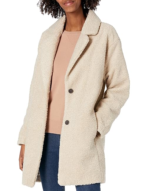 Amazon Brand Daily Ritual Women's Teddy Bear Fleece Lapel Coat, Sand, Medium