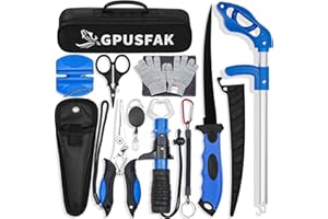 GPUSFAK Fishing Tool Kit, 11 Pieces Fishing Gear, Fishing Pliers with Lanyard, Fillet Knife, Fish Lip Gripper, Fly Ice Fishing Hook Extractor, Anti-Cutting Gloves