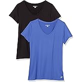 Amazon Essentials Women's Active Quick Dry Tech Stretch Short-Sleeve V-Neck T-Shirt (Available in Plus Size), Pack of 2