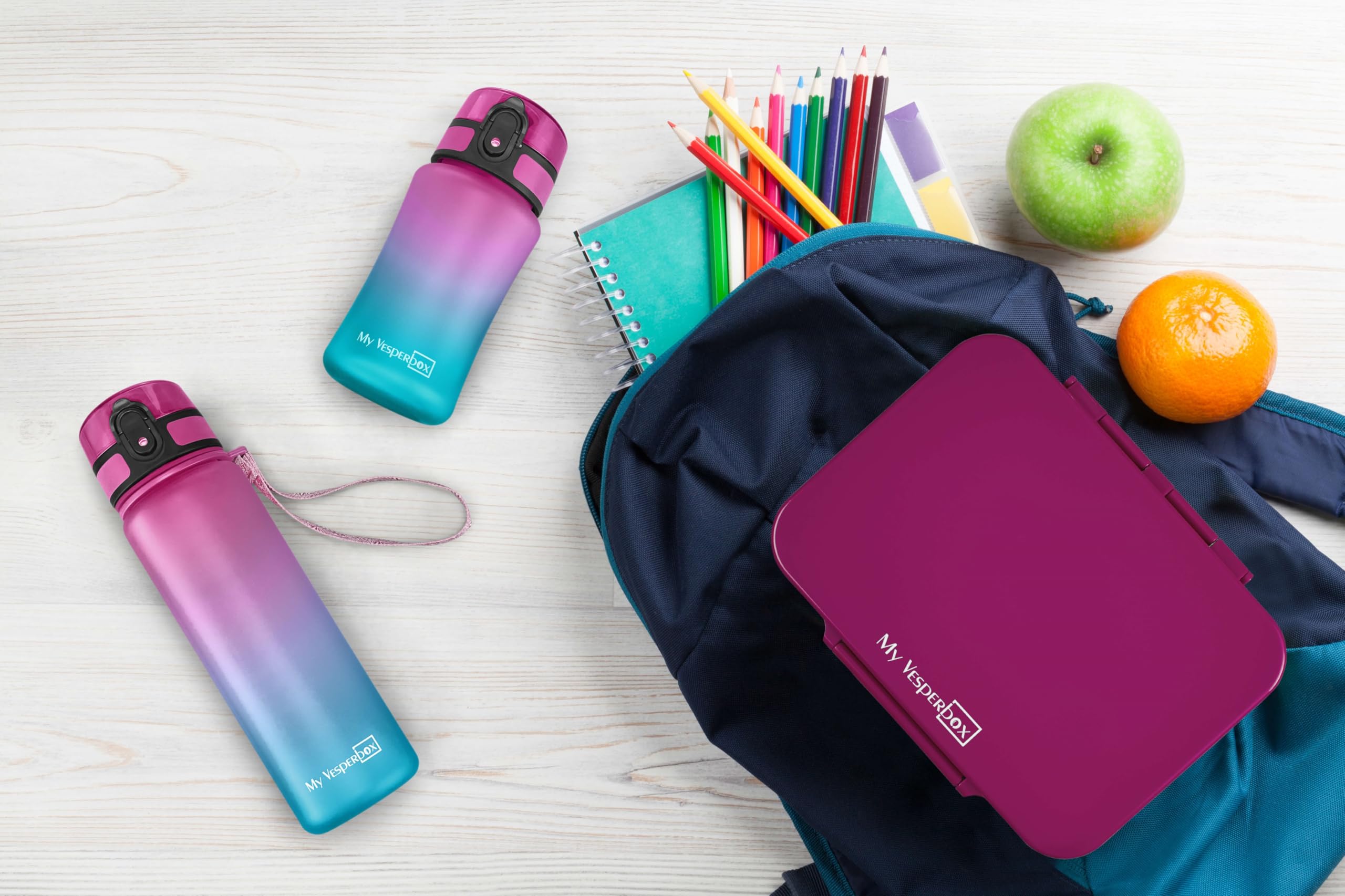 My Vesperbox – Minny - Kinder Trinkflasche auslaufsicher – 500ml – mit Strohhalm oder Sieb - leichte Tritan Wasserflasche - BPA frei - für Kindergarten, Schule (Lila - Blau 500ml) 8