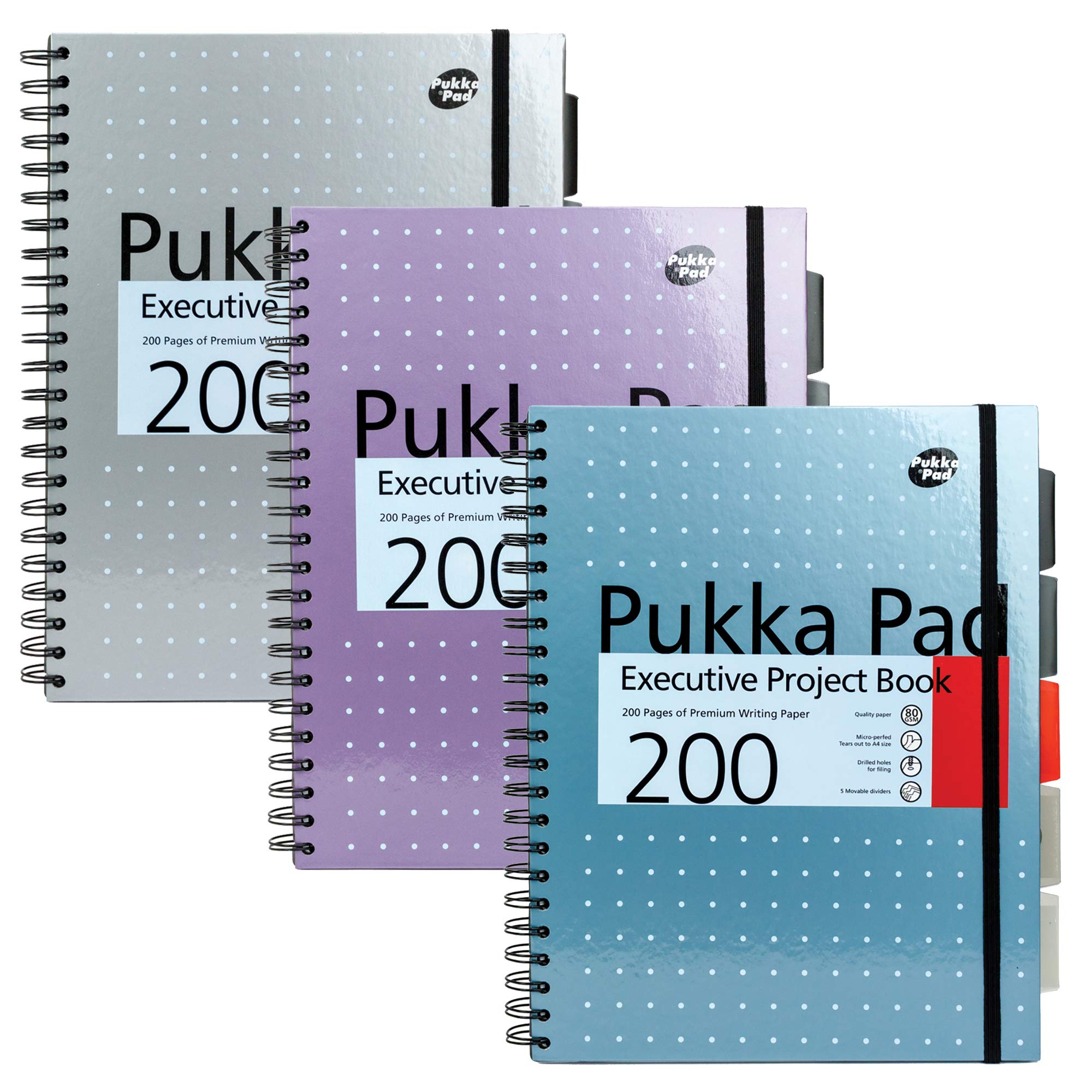 Pukka Pad, A4+ Metallic Executive Project Book 3 Pack – 22.5 x 29.6cm – 200 Page Hardback Wirebound Notebook with 8mm Lines and 80GSM Paper – Includes Repositionable Dividers with Pocket - 200 Pages