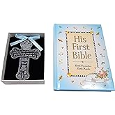 Baby Boy First Bible and 4" Pewter Baptism Guardian Angel Crib Cross (Original Version)-L8