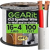 GEARit 16/4 Speaker Wire (100 Feet) 16AWG Gauge - Fire Safety in Wall Rated Audio Speaker Wire Cable / CL2 Rated / 4 Conductors - OFC Oxygen-Free Copper, White 100ft