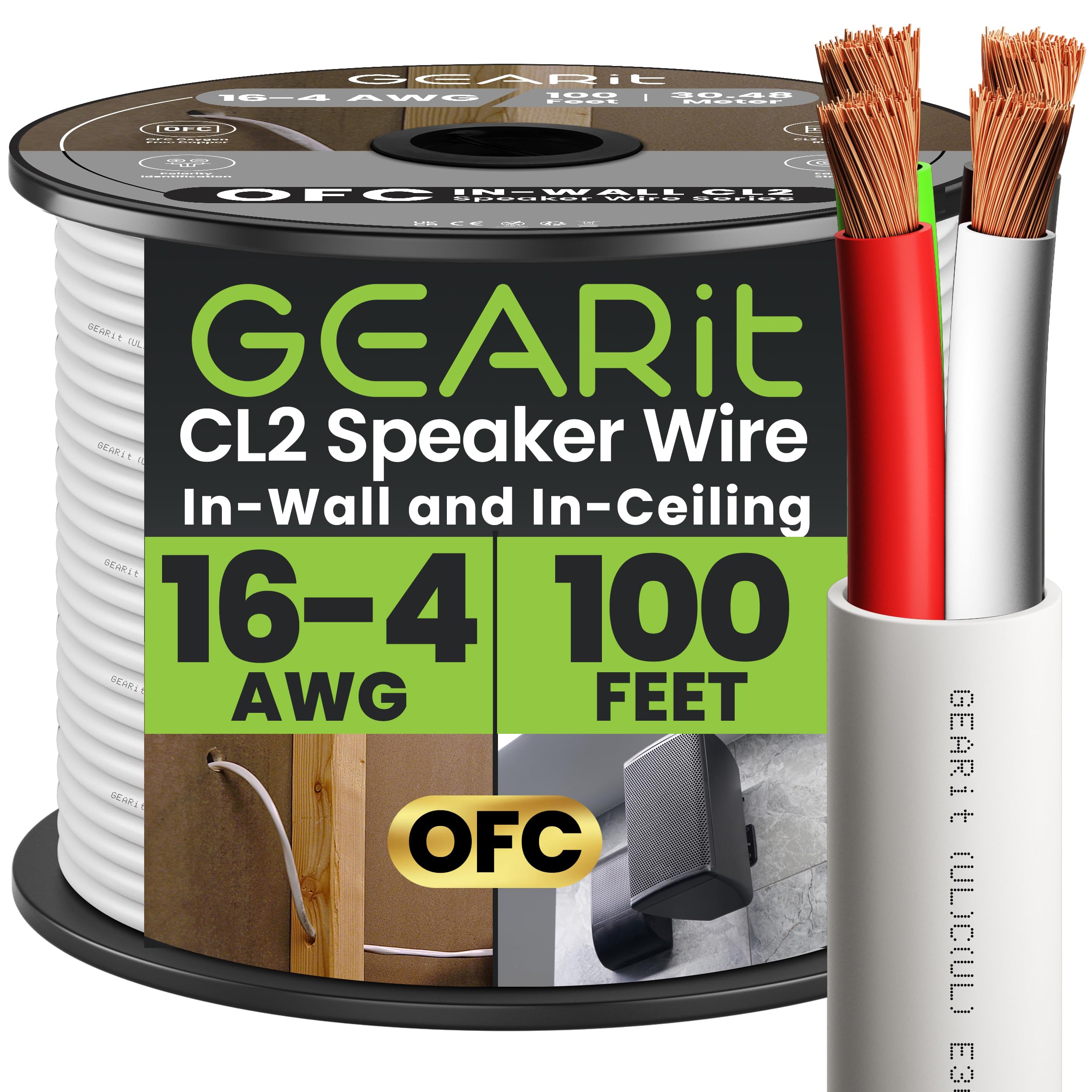 GearIT 16/4 Speaker Wire (100 Feet) 16AWG Gauge - Fire Safety In Wall Rated Audio Speaker Wire Cable / CL2 Rated / 4 Conductors - OFC Oxygen-Free Copper, White 100ft