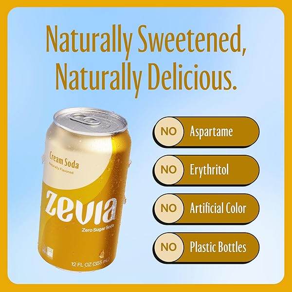 ZEVIA ZERO SUGAR SODA, CREAM SODA, 12 OZ CANS (24-PACK) – NATURALLY SWEETENED, NON-GMO PROJECT VERIFIED, GLUTEN-FREE, VEGAN