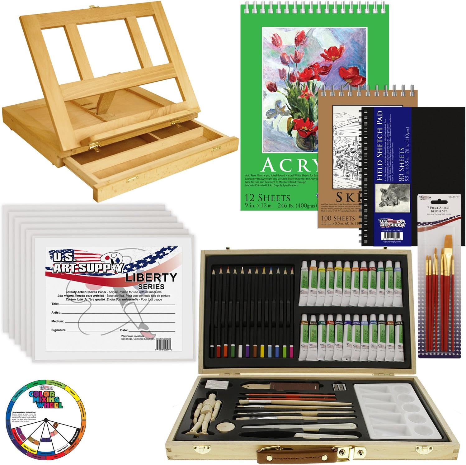 U.S. Art Supply 68-Piece Artist Acrylic Painting Set with, Table Easel, 24-Acrylic, Colored Pencils, Graphite Pencils, Sketch & Painting Pad, Canvas Panels, Brushes & Everything to Get You Started