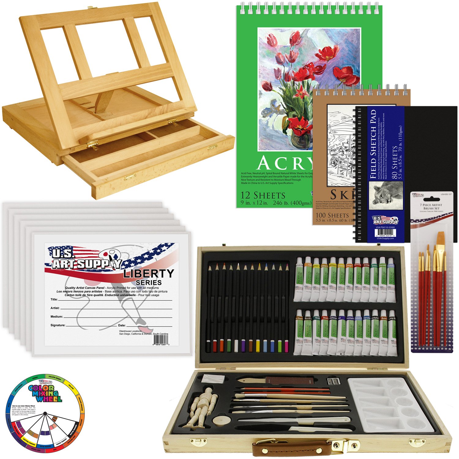 Best Us Art Supply 133 Piece Acrylic Painting Table Easel Set