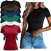 Neer 6 Pack Fitted Basic T-Shirts for Women Bulk, Tight Crewneck Short Sleeve Tops Multipack Slim Casual Summer Tees Blouse