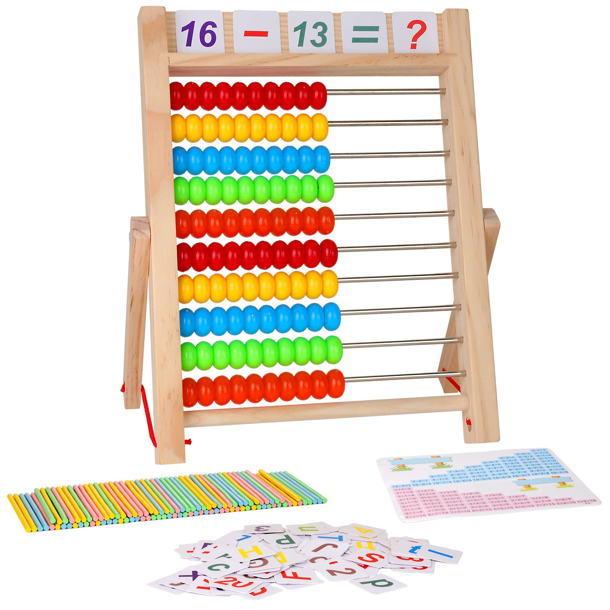 Photo 1 of KIDWILL Preschool Math Learning Toy,10-Row Wooden Frame Abacus with Multi-Color Beads, Counting Sticks, Number Alphabet Cards, Gift for 2 3 4 5 6 Years Old Toddlers Boys Girls