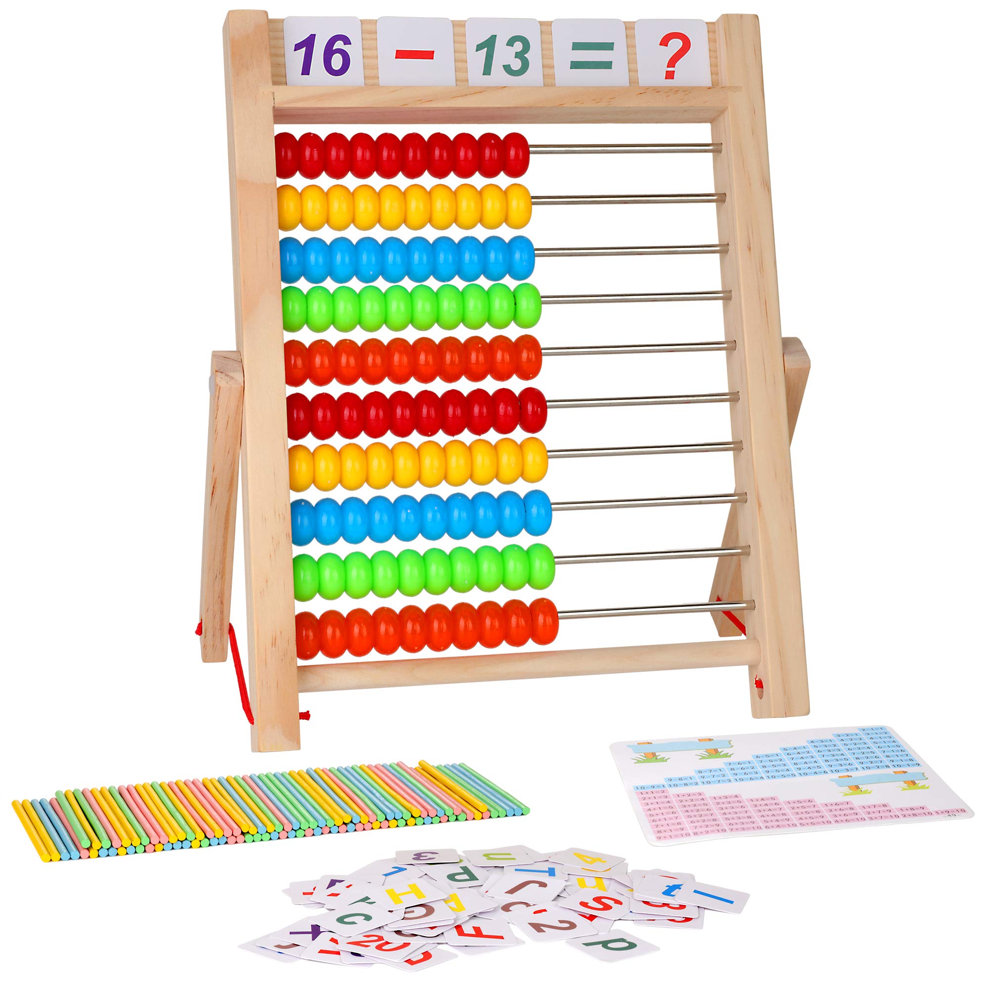 KIDWILL Preschool Math Learning Toy,10-Row Wooden Frame Abacus with Multi-Color Beads, Counting Sticks, Number Alphabet Cards, Gift for 2 3 4 5 6 Years Old Toddlers Boys Girls