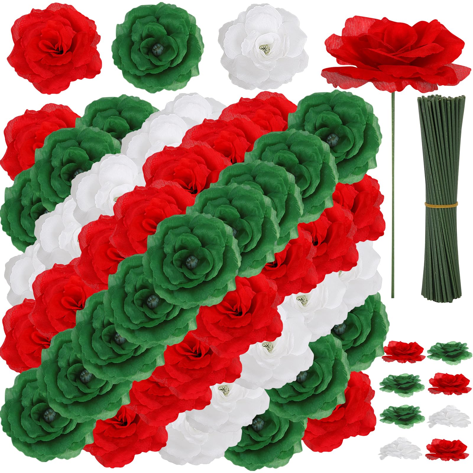 Photo 1 of 108pcs Roses Head Flowers with Stem - Red & Green White Italian Artificial Flowers Rose Bulk - Silk Rose Fake Flower for Mexico Italy Bridal Wedding Bouquet Baby Shower Centerpieces Christmas Decor