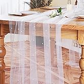 3pcs White Pearl Table Runner 120 Inch Long Boho Rustic Tulle Lace Table Runner for Baby Bridal Shower Wedding Arch for Spring Summer Pearl Table Cloth Decor